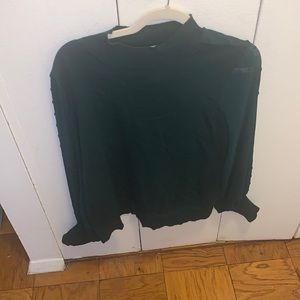 Mock neck sweater pine green sweater with sheer sleeves, polka dot detail